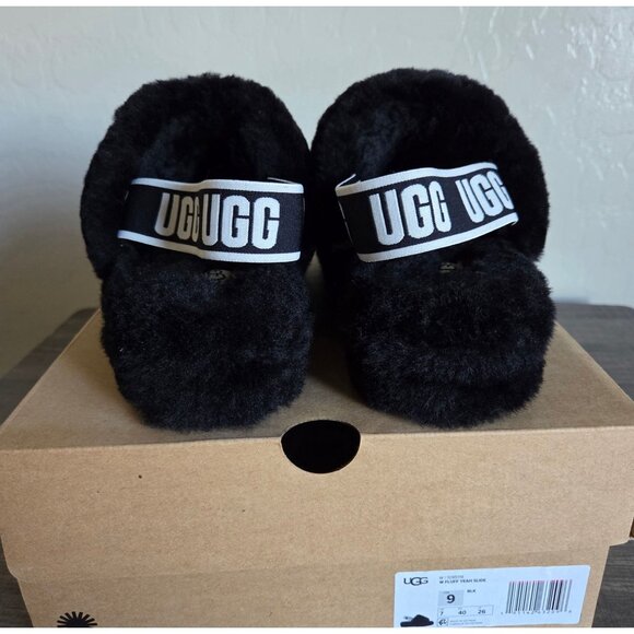 UGG Fluff Yeah Platform Slide Slipper Black Fur Sheepskin Sz Women's 9 Statement - Picture 4 of 12